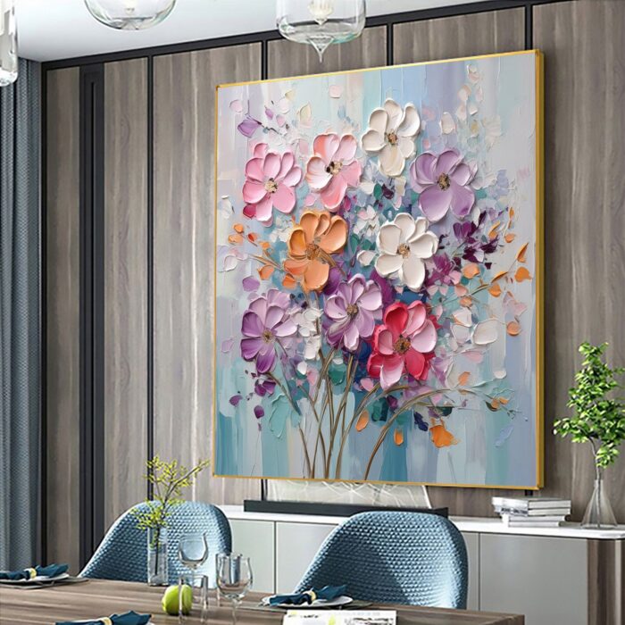 Original Purple White Floral Canvas Wall Art Flowers Wildflowers Oil Painting on Canvas Large Square Flowers Painting for Dining Room - Image 8
