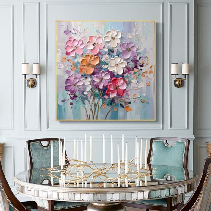 Original Purple White Floral Canvas Wall Art Flowers Wildflowers Oil Painting on Canvas Large Square Flowers Painting for Dining Room
