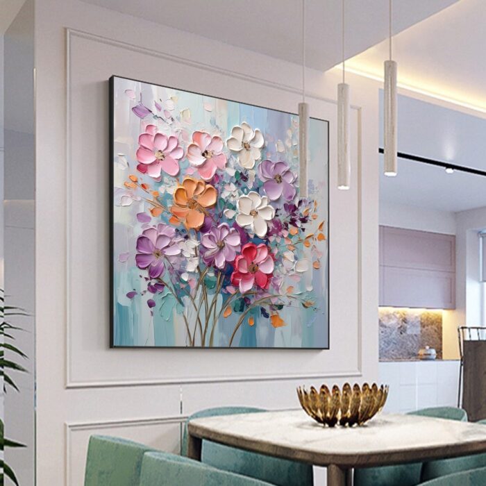 Original Purple White Floral Canvas Wall Art Flowers Wildflowers Oil Painting on Canvas Large Square Flowers Painting for Dining Room - Image 9