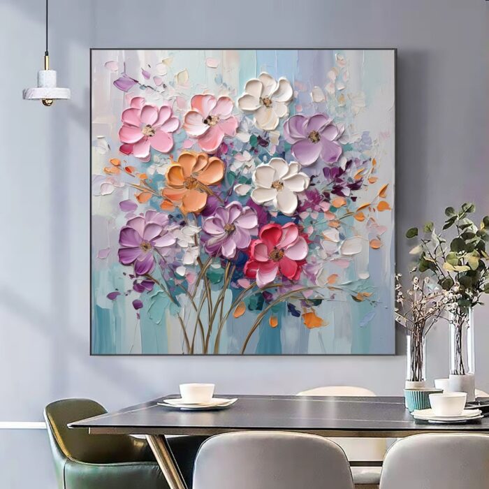 Original Purple White Floral Canvas Wall Art Flowers Wildflowers Oil Painting on Canvas Large Square Flowers Painting for Dining Room - Image 5